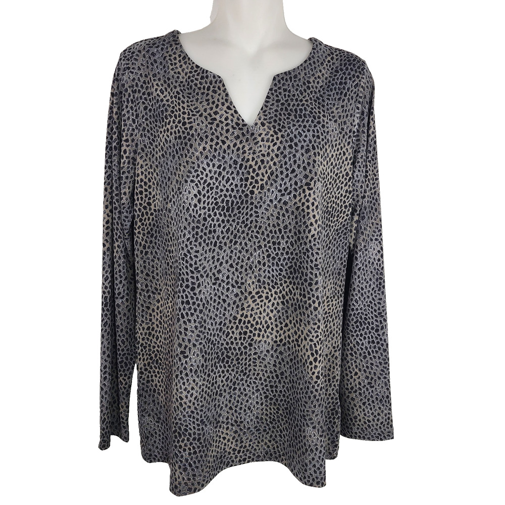 Susan Graver Womens Printed Liquid Knit Split-Neck Top Smoke Geometric Small